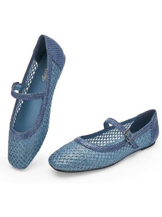 Shoes - Women's Blue Woven Comfortable Ankle Strap Square Toe Mary Jane Ballet Flat